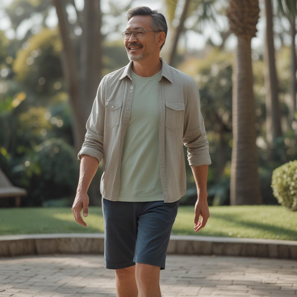 Pria berusia 40-an yang sehat dan bugar sedang berjalan santai di taman yang hijau dengan ekspresi tenang dan bahagia, mengenakan pakaian kasual
