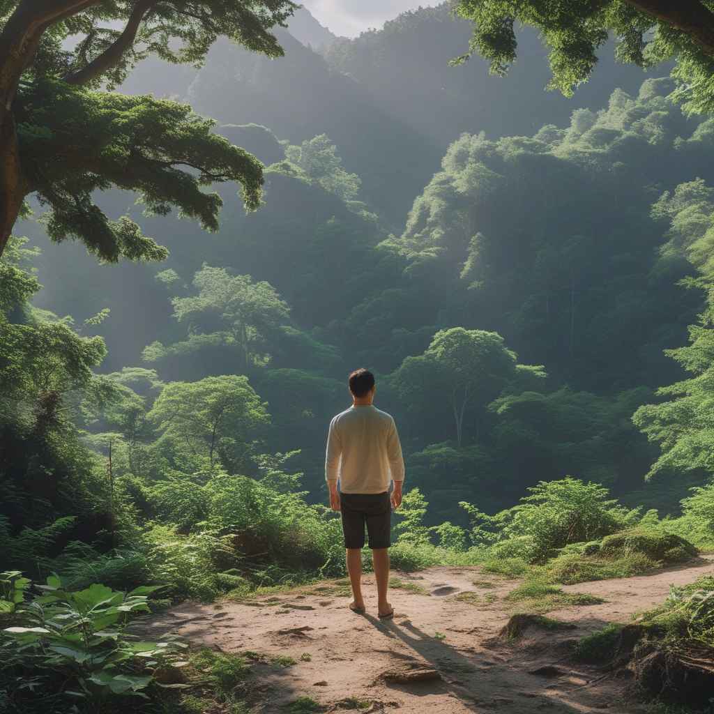 Pemandangan hutan tropis yang rimbun dan tenang dengan sinar matahari menyinari dedaunan hijau, menciptakan suasana alami yang damai